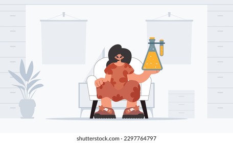 Abundant woman holding chemical carafe, learning point. Trendy style, Vector Illustration