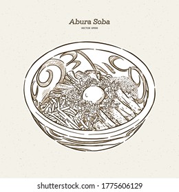 Abura soba. Toppings include eggs, sliced chashu pork, 
Fish meal, bamboo shoots and scallion. Hand draw sketch vector.