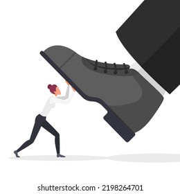 Abuse And Attack Of Giant Foot To Businesswoman Vector Illustration. Cartoon Tiny Entrepreneur Character Fighting With Strong Pressure Of Boss Power, Business Authority. Punishment, Slavery Concept