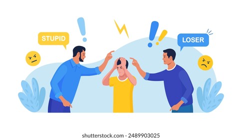 Abuse or bullying colleague. People blaming at depressed businessman. Employees point fingers and laugh at frustrated man. Emotional stress on work. Quarrel or work conflict between colleagues