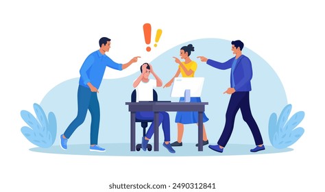 Abuse or bullying colleague. People blaming at depressed businessman. Worker sitting at desk with computer and documents hiding head. Employees point fingers and laugh. Emotional stress on work