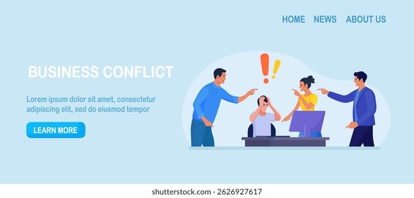 Abuse or bullying colleague. People blaming at depressed businessman. Worker sitting at desk with computer and documents hiding head. Employees point fingers and laugh. Emotional stress on work