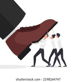 Abuse, crush and attack of giant boss foot to business people vector illustration. Cartoon team of small employees fighting with big shoes of corporate leader. Authority, leadership, conflict concept