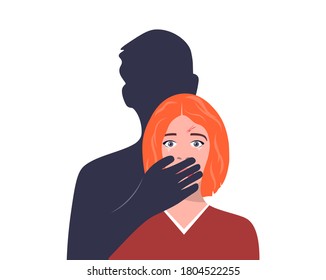 Abuse or domestic violence concept. The man covers the woman's mouth with his hand. A woman in tears and with traces of beating on her face. Social problems, aggression and abuse against women.