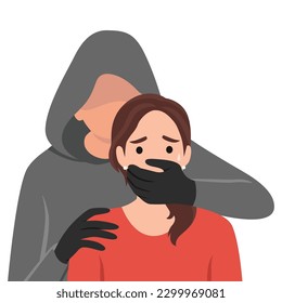 Abuse or domestic violence concept. The man covers the woman's mouth with his hand. A woman in tears and with traces of beating on her face. Social problems, aggression and abuse against women. Flat v