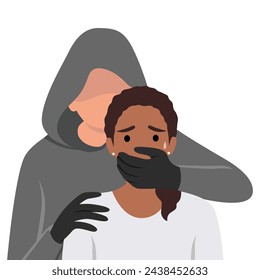 Abuse or domestic violence concept. The man covers the woman's mouth with his hand. Flat vector illustration isolated on white background