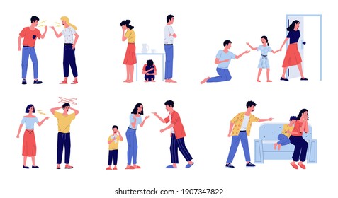 Abuse. Family conflict with angry screaming parents and crying children, domestic violence between wife and husband. Parental divorce, partners dissolution. Vector man and woman quarreling scenes set
