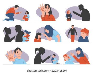 Abuse in family set vector isolated. Collection of illustrations of parents screaming at children and beating them. Angry mother and father shouting at crying kid. Unhappy family.