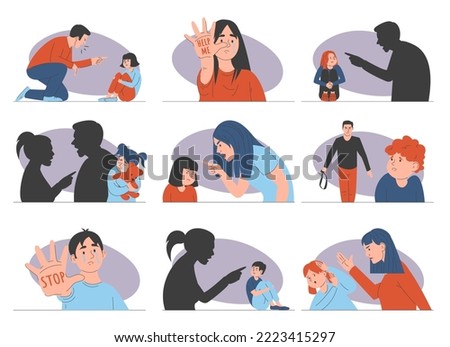Abuse in family set vector isolated. Collection of illustrations of parents screaming at children and beating them. Angry mother and father shouting at crying kid. Unhappy family.