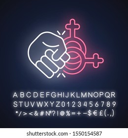 Abuse Of Females Neon Light Icon. Corrective Rape Of Lesbians. Punishment For Gender Identity, Orientation. Hate Crime Against Lgbt. Glowing Sign With Alphabet. Vector Isolated Illustration