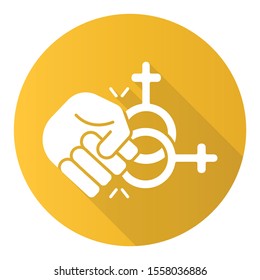 Abuse Of Females Yellow Flat Design Long Shadow Glyph Icon. Corrective Rape. Punishment For Gender Identity. Sexual Harassment Of Woman. Hate Crime Against Lgbt. Vector Silhouette Illustration