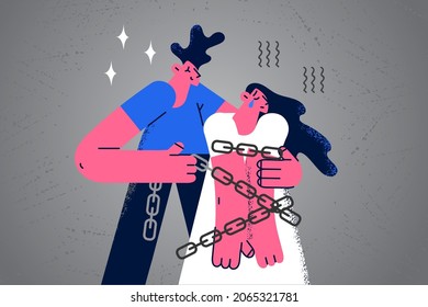 Abuse and harassment victim concept. Young couple man and woman in ropes standing as victim of harassment crying vector illustration 