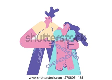 Abuse and harassment victim concept. Young couple man and woman in ropes standing as victim of harassment crying vector illustration