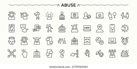 Abuse icon set. Thin UI icons. Contain linear sign sexual, assault, molest, crime, bully. Editable vector illustration. Abuse modern icon set.