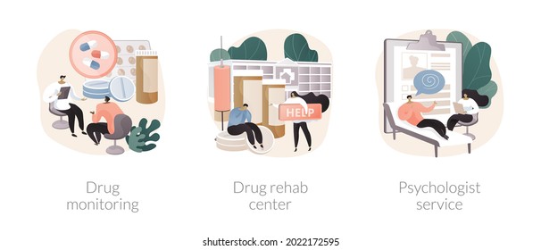 Abuse Rehabilitation Abstract Concept Vector Illustration Set. Drug Monitoring, Rehab Center, Psychologist Service, Primary Healthcare, Addiction Therapy Clinic, Mental Health Abstract Metaphor.