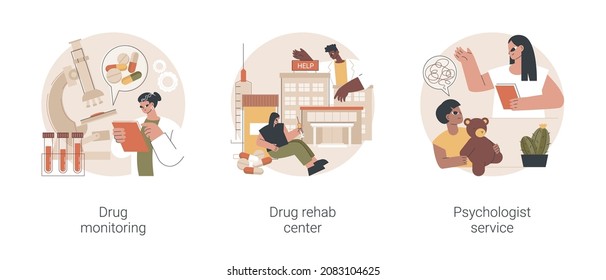 Abuse Rehabilitation Abstract Concept Vector Illustration Set. Drug Monitoring, Rehab Center, Psychologist Service, Primary Healthcare, Addiction Therapy Clinic, Mental Health Abstract Metaphor.