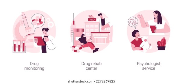 Abuse rehabilitation abstract concept vector illustration set. Drug monitoring, rehab center, psychologist service, primary healthcare, addiction therapy clinic, mental health abstract metaphor.