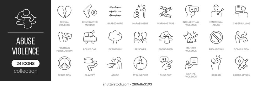 Abuse and violence linear icons covering social problems, crime prevention and personal safety concepts. Contains harassment, bullying, slavery, persecution, violence