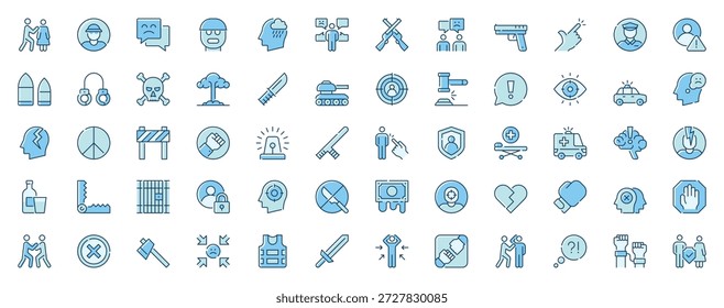 Missbrauch und Gewalt Web-Symbole in Linie Design gesetzt. Duotone Piktogramm Paket von Belästigung, Cyber-Mobbing, Konflikte, Waffen, Angriff, Verbrechen, Handschellen, mehr Umriss Schlaganfall Zeichen. Vektorgrafik.