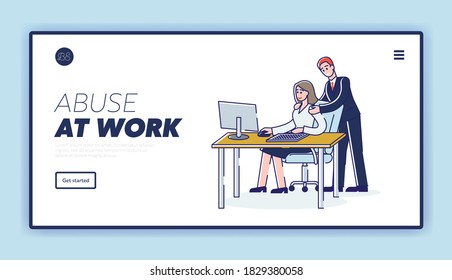 Plantilla de la página de inicio del abuso en el trabajo con empresarias que acosan a trabajadoras de negocios en el lugar de trabajo. El acoso sexual en la oficina. Ilustración vectorial lineal