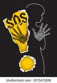 Abused Litle Girl, SOS Violence. 
Stylized Child Silhouette With Arms In Defensive Position And SOS Inscription, Torn Paper Exclamation Mark. Vector Available.