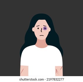 Abused woman with black eye and scars. Domestic violence and aggression against women. Feminism, social problem, bullying, women's rights concept. Flat vector illustration for poster, banner.