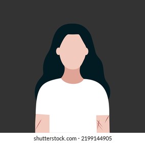 Mujer maltratada con cicatrices en el cuerpo. Violencia doméstica y agresión contra la mujer. Feminismo, problemas sociales, bullying, derechos de la mujer, concepto de salud mental. Ilustración vectorial plana para pancarta, afiche.