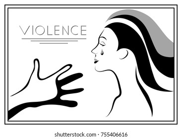 Abused young woman, lady, female, girl.  Violence against women, rape concept. Suitable for invitation, flyer, sticker, poster, banner, card, label, cover, web. Vector illustration.