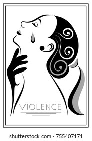 Abused young woman, lady, female, girl.  Violence against women, rape concept. Suitable for invitation, flyer, sticker, poster, banner, card, label, cover, web. Vector illustration.