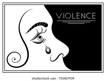 Abused young woman, lady, female, girl.  Violence against women, rape concept. Suitable for invitation, flyer, sticker, poster, banner, card, label, cover, web. Vector illustration.