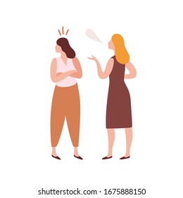 Abuser young woman talking with offended girl during conflict vector flat illustration. Quarrel of two female friends isolated on white background. Cartoon criticize person have disagreement