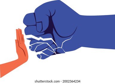 Abuser's fist shatters into fragments on the resisting palm, EPS 8 vector illustration