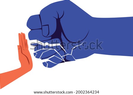 Abuser's fist shatters into fragments on the resisting palm, EPS 8 vector illustration