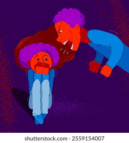 Abusive father vector illustration, bad father scream and shout on little scared girl his daughter, domestic violence, victim child, despotic parent, psychological violence abuse.