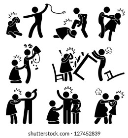 Abusive Husband Helpless Wife Stick Figure Pictogram Icon