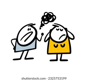 Abusive husband scolds his wife. Vector illustration of a rude man and a poor woman. Toxic relationship. Doodle cartoon stick man character isolated on white background.