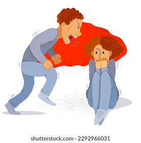 Abusive husband vector illustration, bad family man scream and shout on scared woman his wife, domestic violence, despotic husband, psychological violence abuse, alcoholism and aggression.