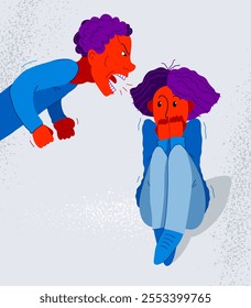 Abusive husband vector illustration, bad family man scream and shout on scared woman his wife, domestic violence, despotic husband, psychological violence abuse, alcoholism and aggression.