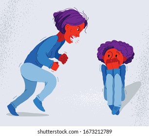 Abusive mother vector illustration, bad mother scream and shout on little frightened kid boy her son, domestic violence, victim child, despotic parent, psychological violence abuse.