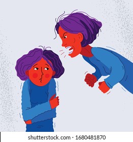 Abusive mother vector illustration, bad mother scream and shout on little scared girl her daughter, domestic violence, victim child, despotic parent, psychological violence abuse.