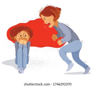 Abusive mother vector illustration, bad mother scream and shout on little frightened kid boy her son, domestic violence, victim child, despotic parent, psychological violence abuse.