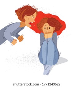 Abusive mother vector illustration, bad mother scream and shout on scared teen girl her daughter, domestic violence, victim child, despotic parent, psychological violence abuse.