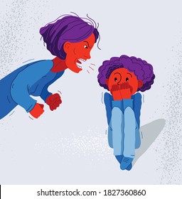 Abusive mother vector illustration, bad mother scream and shout on little frightened kid boy her son, domestic violence, victim child, despotic parent, psychological violence abuse.