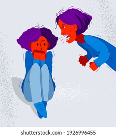 Abusive mother vector illustration, bad mother scream and shout on scared teen girl her daughter, domestic violence, victim child, despotic parent, psychological violence abuse.