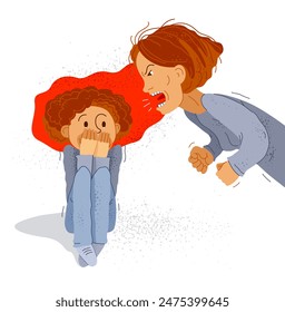 Abusive mother vector illustration, bad mother scream and shout on little frightened kid boy her son, domestic violence, victim child, despotic parent, psychological violence abuse.