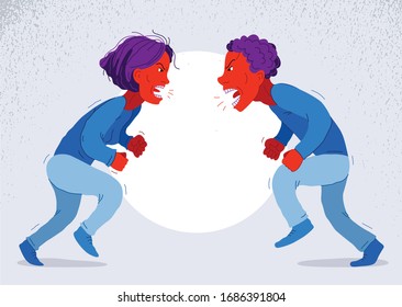 Abusive relations vector concept, man and woman is arguing aggressively with hate, quarrel between husband and wife, conflict scream and shout psychological abuse.