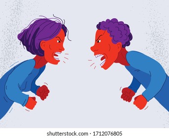 Abusive relations vector concept, man and woman is arguing aggressively with hate, quarrel between husband and wife, conflict scream and shout psychological abuse.