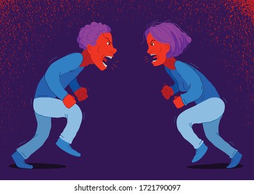 Abusive relations vector concept, man and woman is arguing aggressively with hate, quarrel between husband and wife, conflict scream and shout psychological abuse.