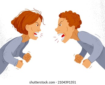 Abusive relations vector concept, man and woman is arguing aggressively with hate, quarrel between husband and wife, conflict scream and shout psychological abuse.
