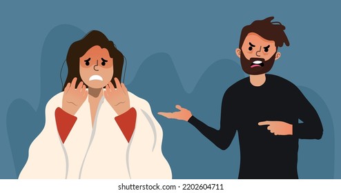 abusive relationship concept, man screams and accuses his wife, woman terrified and sad.